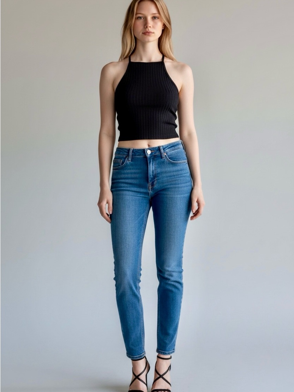 90s Vintage Black Ribbed High Neck Racerback Tank Crop Top | XS S